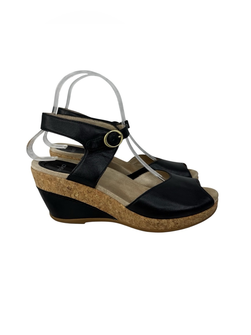 DANSKO Charlotte Leather Black Cork Wedge Open Toe Sandals Women’s Sz 38